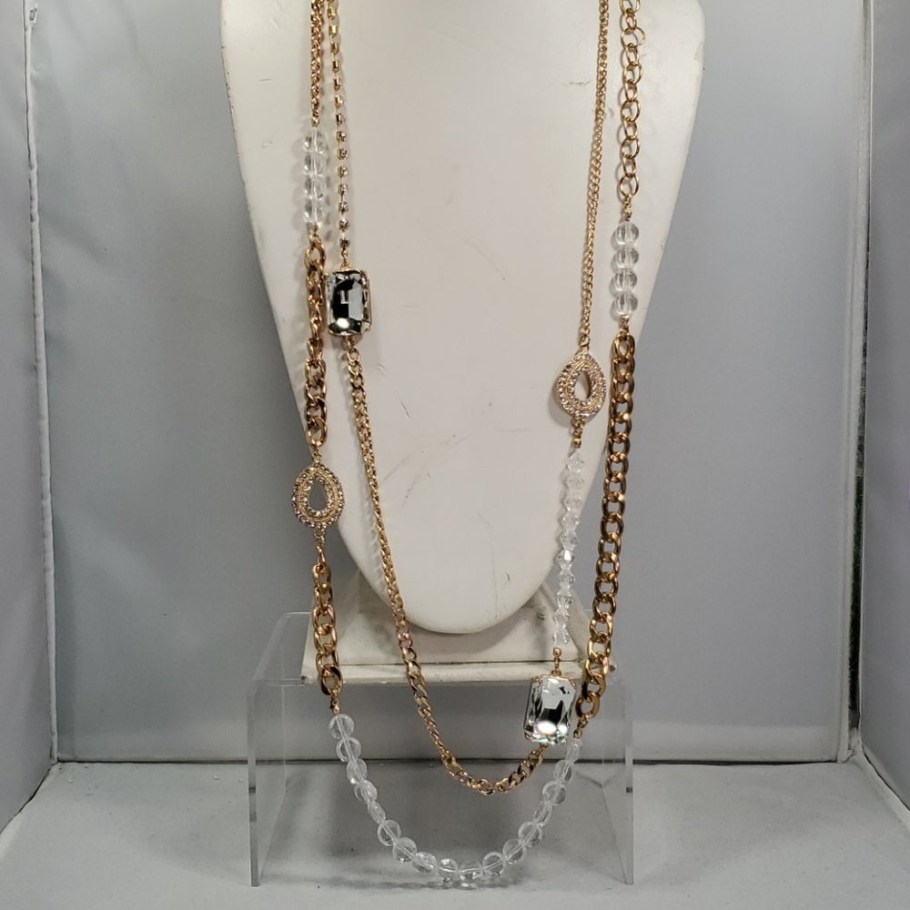Bijou 36 inch 2 row clear beads with gold link chain necklace